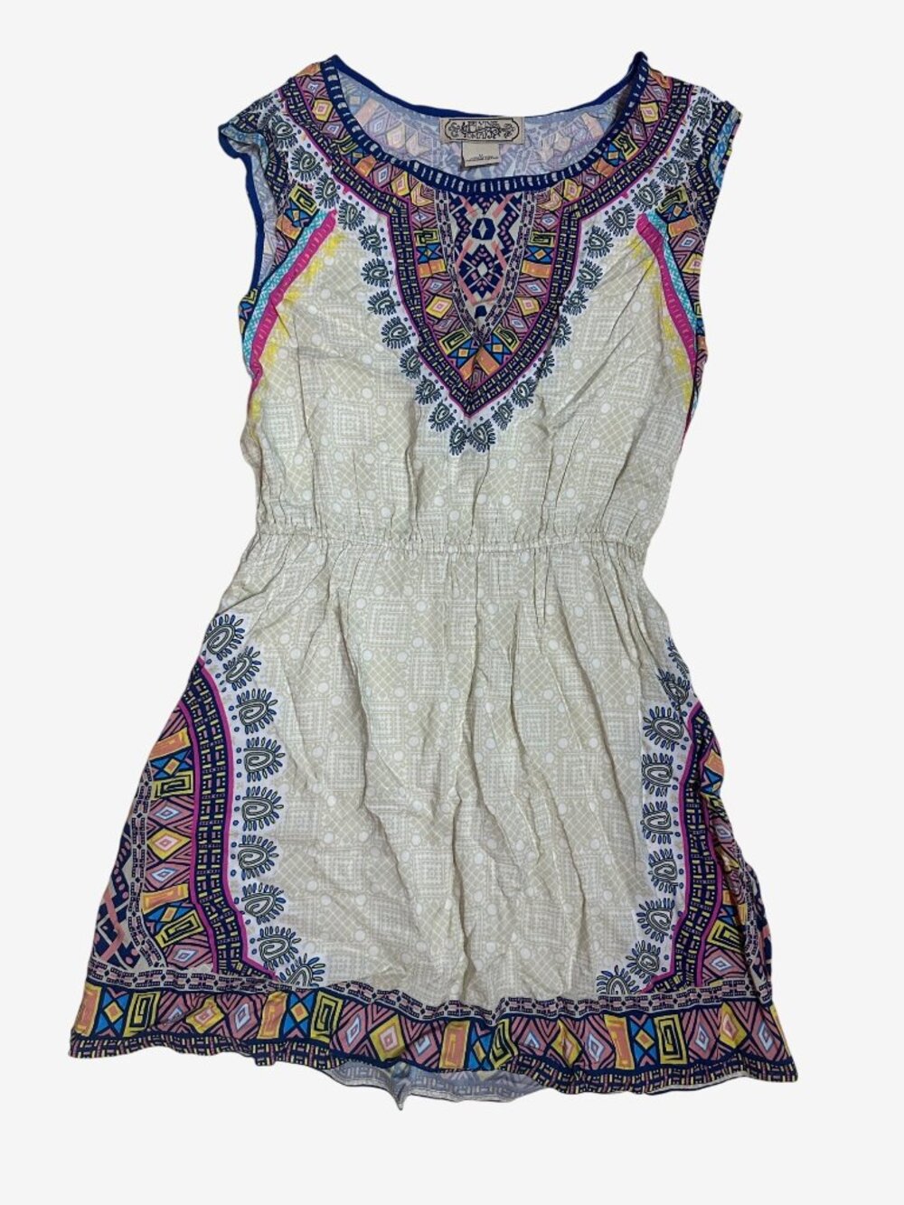 Flying Tomato Boho Tribal Print Sleeveless Dress Elastic Waist Multi-Color Med